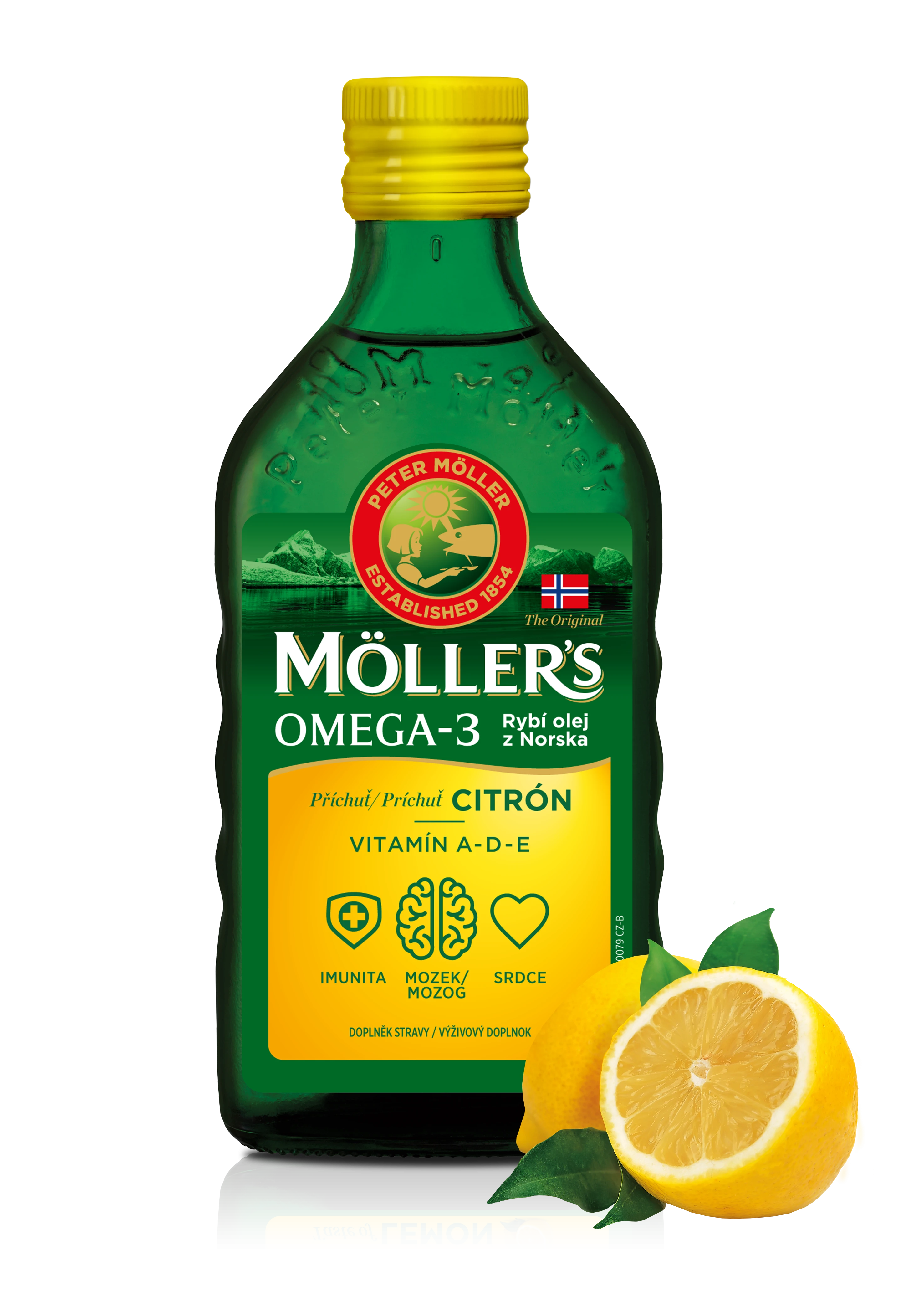 Mollers_Packshot_CLO_lemon_fruit_front_CZ Möller´s Omega-3 Daily Health kapsle s vůní vanilky 112 kapslí