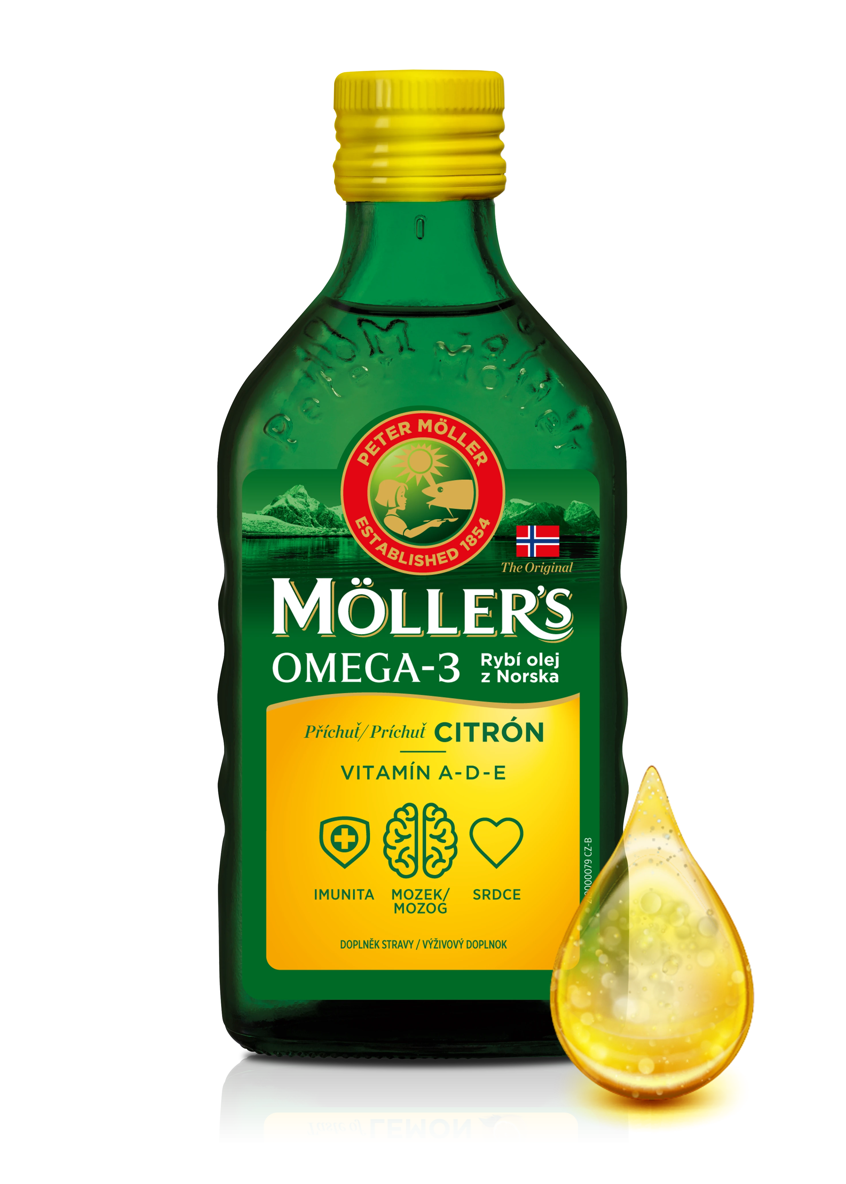 Mollers_Packshot_CLO_lemon_liquid_front_CZ Siln&aacute; imunita, zdrav&eacute; srdce a lep&scaron;&iacute; paměť